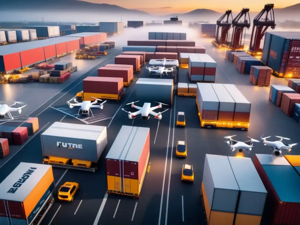 Centro logístico urbano con drones de entrega Un centro logístico futurista con drones de transporte eficiente surcando el cielo
