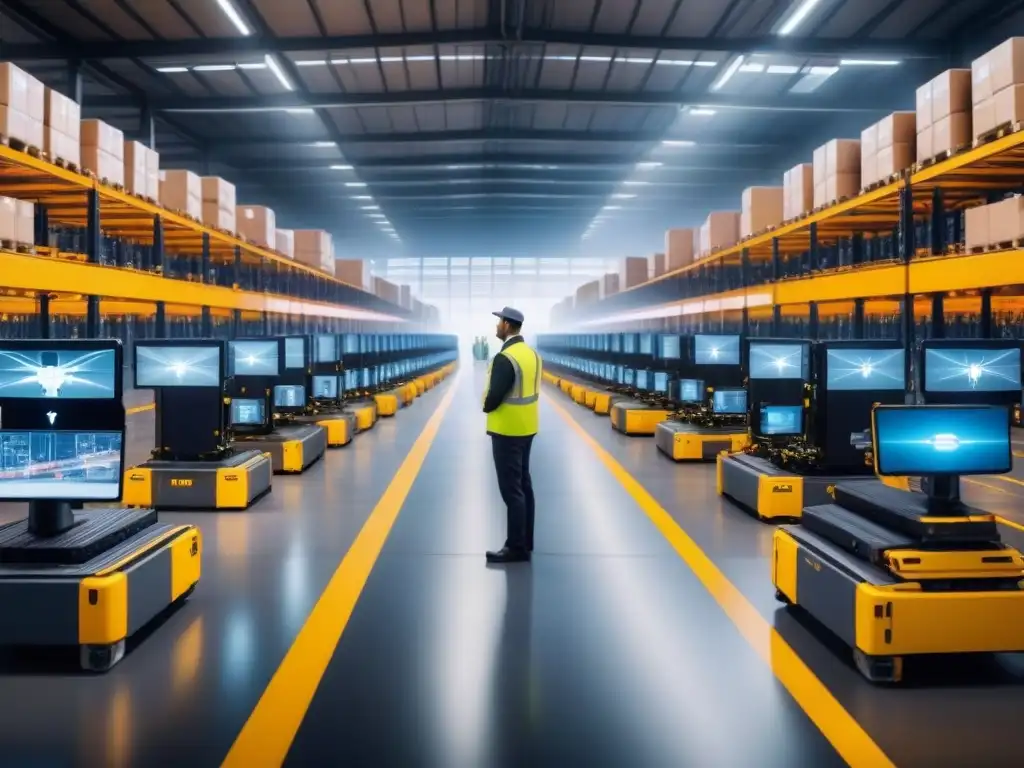 Centro logístico futurista con drones y robots automatizados Un centro logístico futurista con drones y robots automatizados, y trabajadores supervisando pantallas con datos en tiempo real