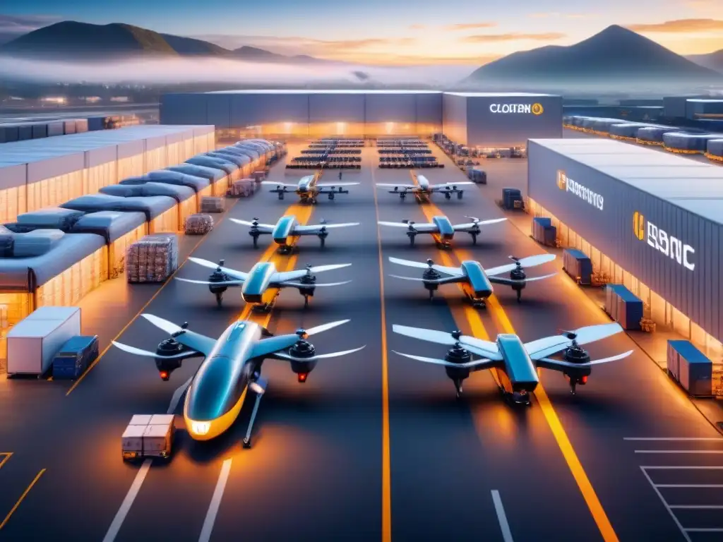 Centro logístico futurista: drones y robots automatizados Un centro logístico futurista con drones y robots automatizados, destacando un software de gestión logística innovador
