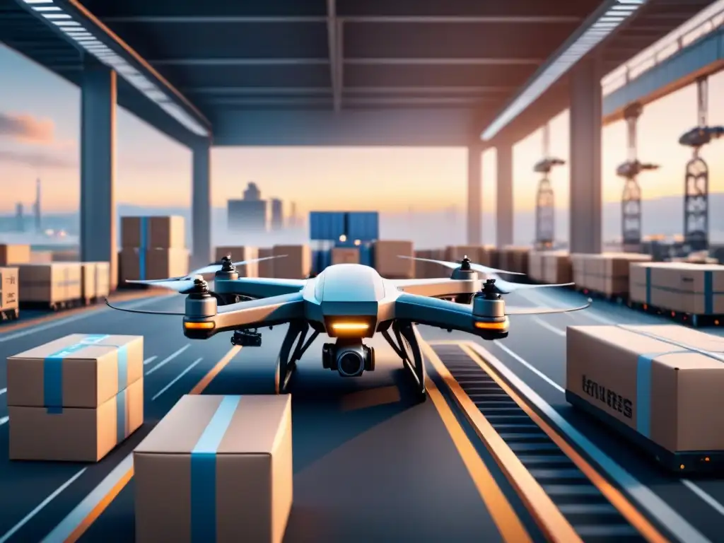 Centro logístico futurista: IA optimiza operaciones Un centro logístico futurista al amanecer con drones y robots AI ordenando paquetes, destacando tendencias IA en logística