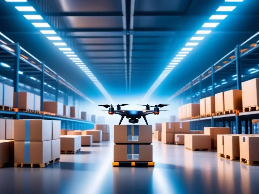 Centro logístico futurista con drones y robots autónomos moviendo paquetes en almacén iluminado por luz azul