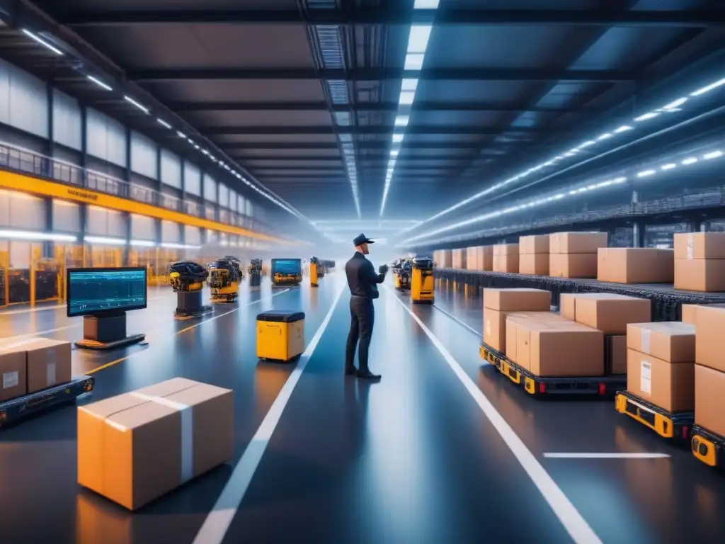 Centro logístico futurista: drones y robots optimizan rutas Centro logístico futurista con drones y robots automatizados, optimización rutas tiempo real en la industria de la logística
