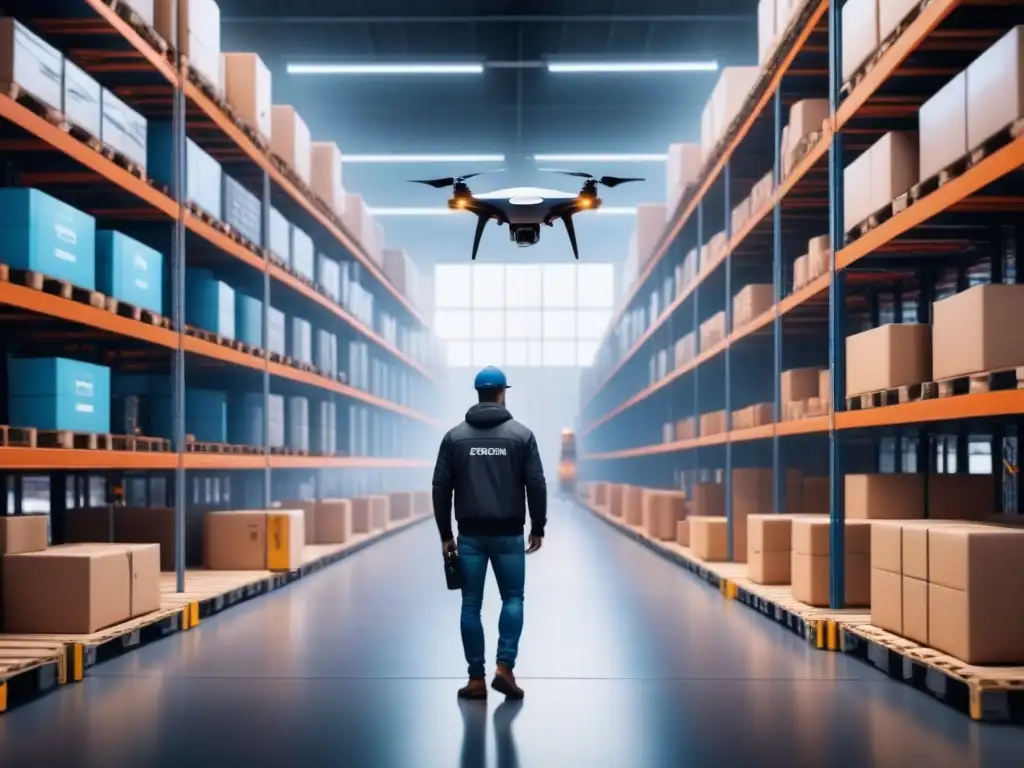 Centro logístico futurista con drones y robots de entrega autónomos Un centro logístico futurista con drones y robots, tecnología eficiente para experiencia cliente logística tecnológica eficiente