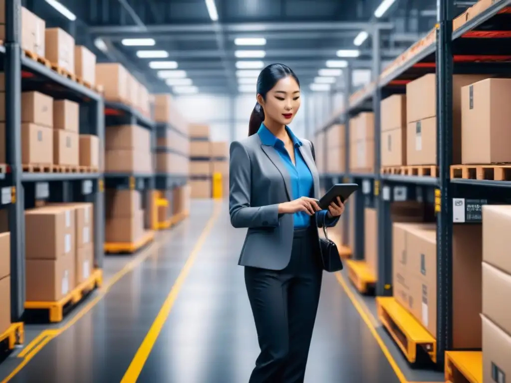 Centro logístico futurista en Singapur: innovación y eficiencia en acción Un centro logístico futurista en Singapur con estrategias logísticas innovadoras en acción, robots moviendo paquetes y vehículos tecnológicos