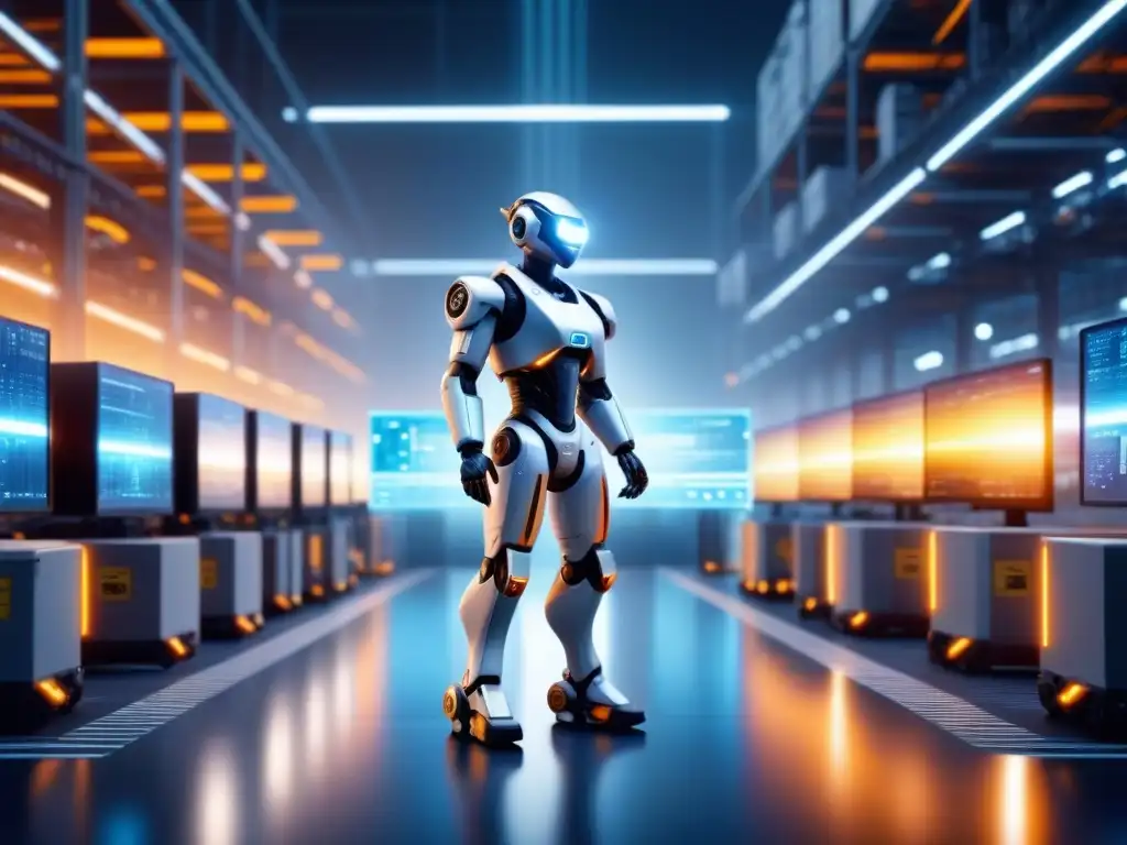 Un centro logístico futurista iluminado por redes de datos con IA en logística