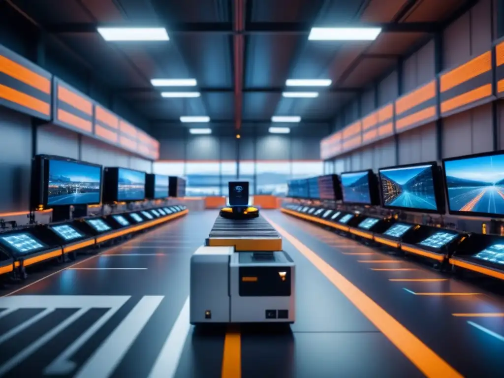 Un centro logístico futurista con Inteligencia Artificial en logística, drones y robots clasificando paquetes con precisión