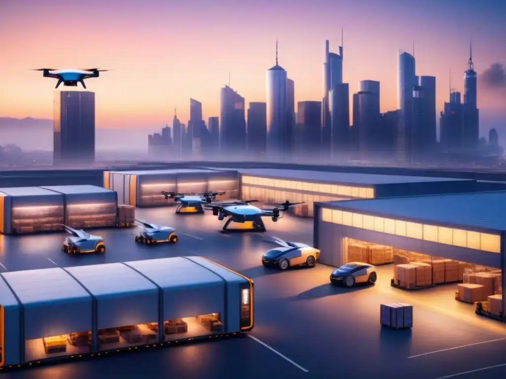 Centro logístico futurista: drones y robots automatizados en acción Un centro logístico futurista lleno de actividad con drones y robots automatizados ordenando paquetes y cargándolos en camiones autónomos, todo con el telón de fondo de un horizonte de ciudad expansivo al atardecer, simbolizando la innovación y eficiencia en logística global