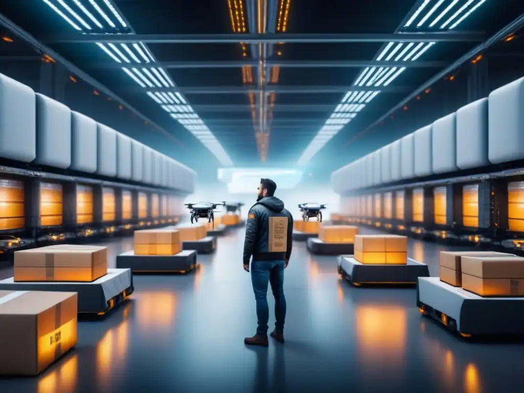 Centro logístico futurista con innovación en logística y asociaciones entre humanos y máquinas