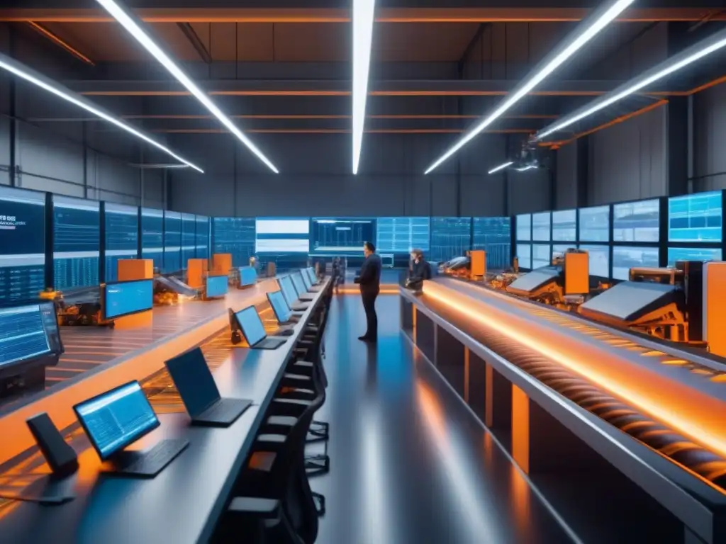 Centro logístico de alta tecnología con IA optimizando envíos Un centro logístico futurista con mejoras en seguimiento envíos inteligente, mostrando tecnología de vanguardia y colaboración profesional