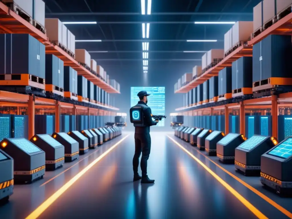 Un centro logístico futurista operado por Inteligencia Artificial, drones y robots gestionando inventario y envíos