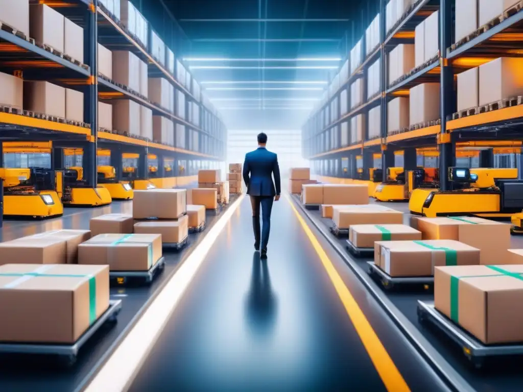 Centro logístico futurista: Innovación y eficiencia en la gestión Centro logístico futurista con robots y software líder en logística innovadora