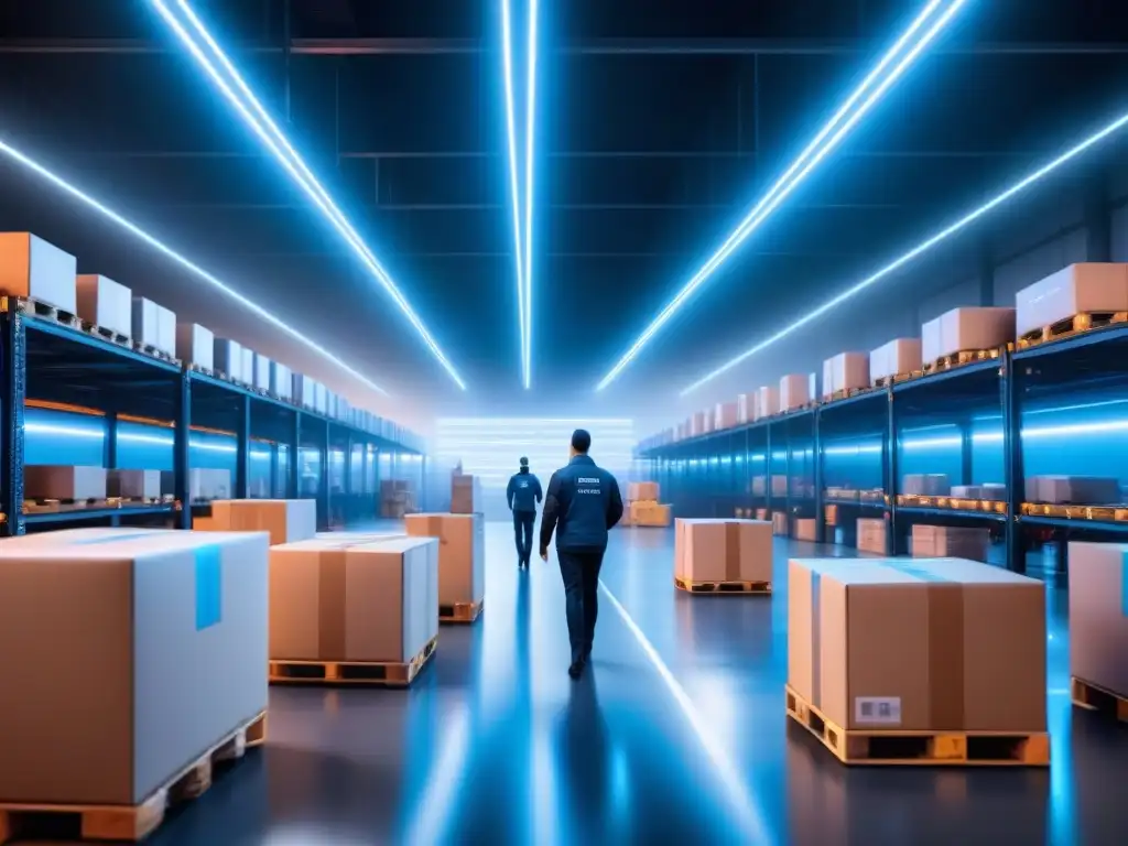 Centro logístico futurista: humanos y robots en perfecta armonía Un centro logístico futurista con robots automatizados moviendo paquetes mientras trabajadores monitorean datos en pantallas