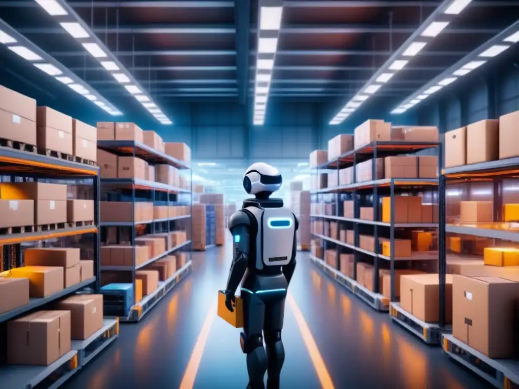 Centro logístico futurista: robots autónomos y drones en acción Un centro logístico futurista con robots, drones y tecnología de Inteligencia Artificial en logística eficiente