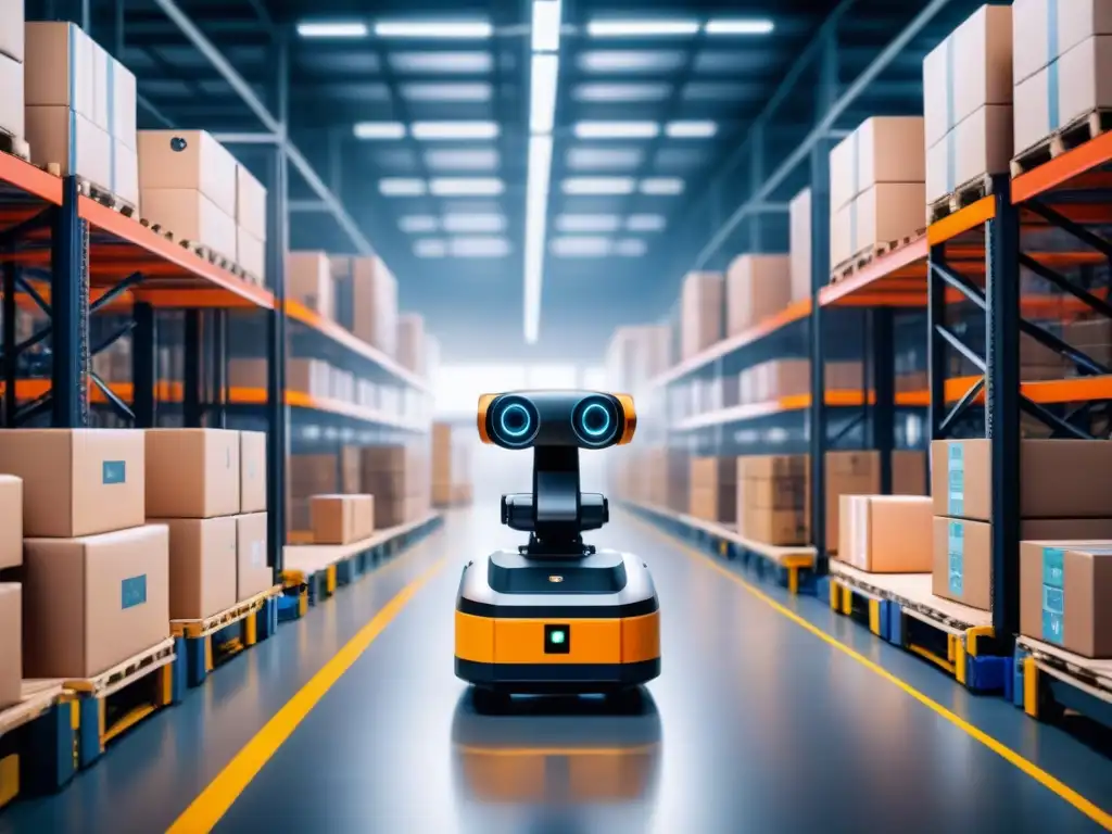 Centro logístico futurista: humanos y robots trabajando juntos Un centro logístico futurista donde robots y trabajadores supervisan la eficiente distribución de paquetes