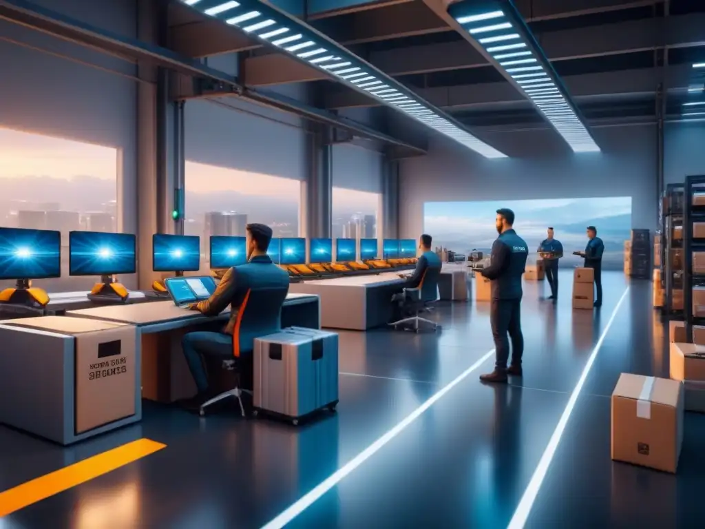Centro logístico futurista: robots, drones y eficiencia Centro logístico futurista con robots, drones y monitoreo de eficiencia