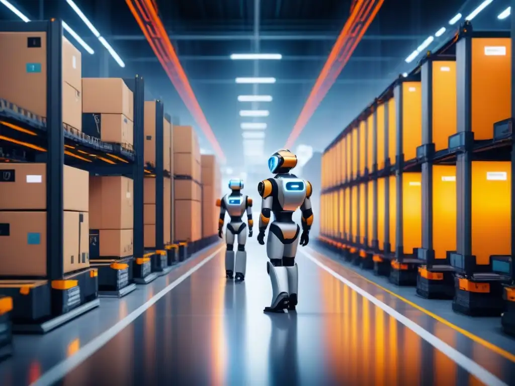 Centro logístico futurista: robots y humanos en armonía Un centro logístico futurista donde robots y trabajadores coordinan operaciones, con tecnología avanzada en segundo plano