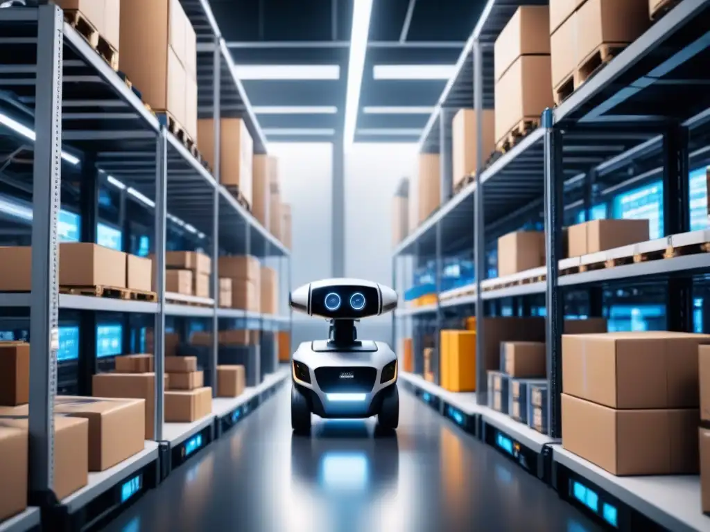 Centro logístico futurista con robots autónomos, drones y trabajadores monitoreando operaciones