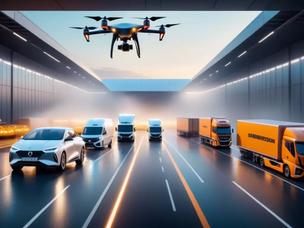 Centro logístico futurista: vehículos avanzados y tecnología de rastreo de vanguardia Un centro logístico futurista con seguimiento vehículos logística innovadora