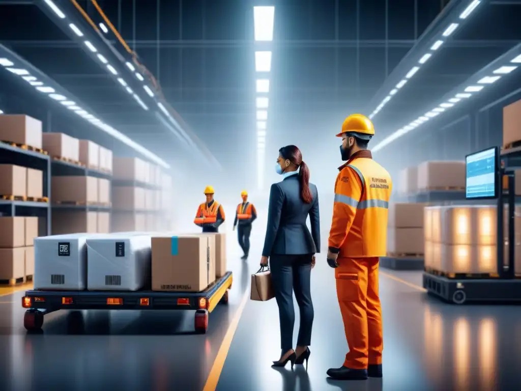 Centro logístico futurista: tecnología y colaboración eficiente Un centro logístico futurista con sistemas automatizados avanzados clasificando paquetes, donde la tecnología innovadora y la expertise humana se fusionan en un ambiente dinámico y vanguardista