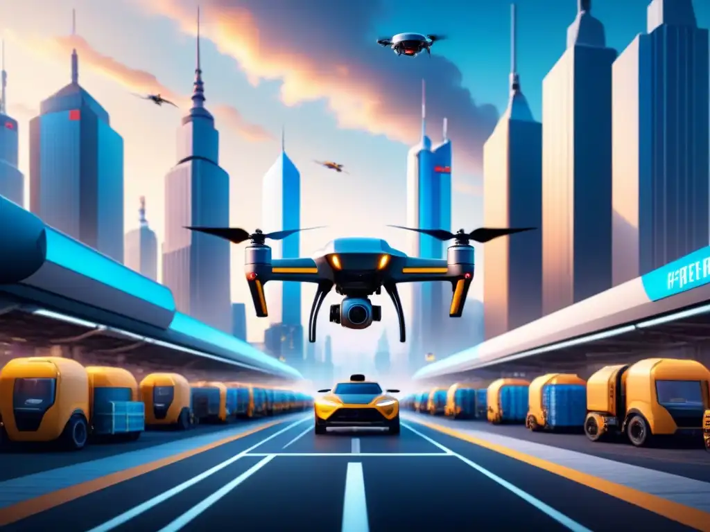 Centro logístico futurista: drones y robots en acción Un centro logístico futurista con soluciones innovadoras en transporte, drones y robots gestionando la entrega última milla
