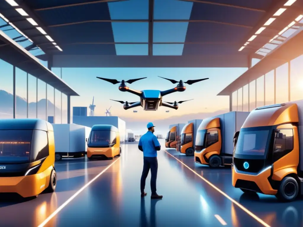 Centro logístico futurista: drones autónomos y sostenibilidad Un centro logístico futurista y sostenible con drones y trabajadores, transmitiendo innovación en transporte y logística