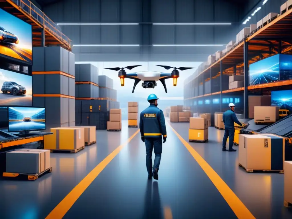 Centro logístico futurista: drones, robots y tecnología avanzada en acción Un centro logístico futurista con tecnología avanzada y trabajadores eficientes