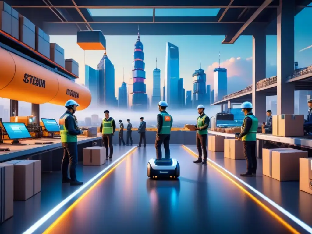Centro logístico futurista en Asia: trabajadores humanos y robots coordinando con tecnología avanzada Un centro logístico futurista en Asia con tecnologías avanzadas y equipo diverso coordinando órdenes con precisión y rapidez