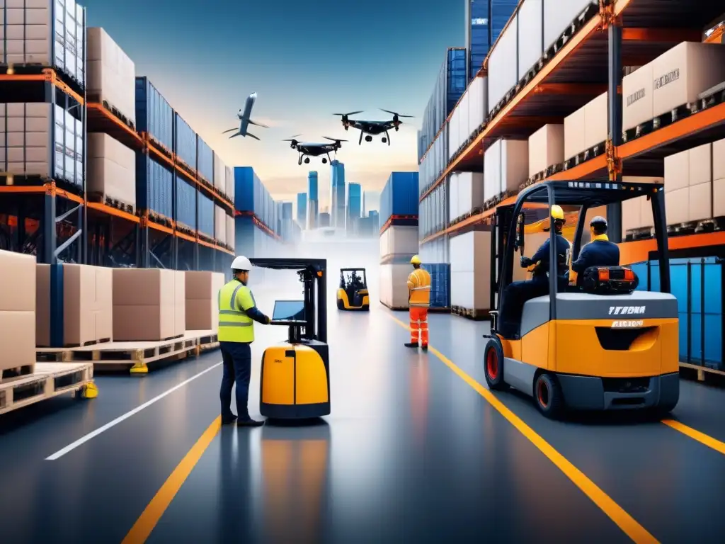 Un centro logístico futurista con trabajadores coordinados eficientemente y tecnología innovadora