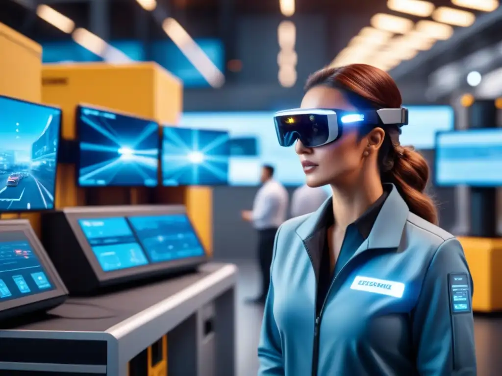 Un centro logístico futurista muestra trabajadores usando Realidad Aumentada en logística