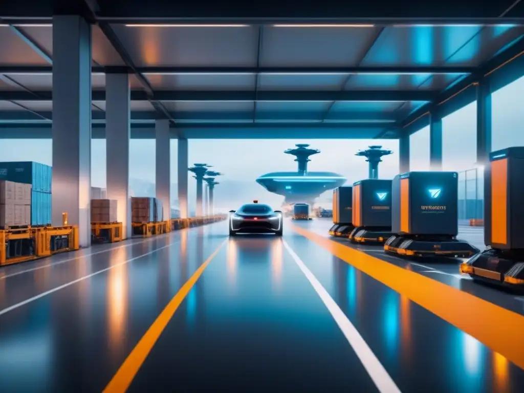 Centro logístico futurista: IA optimiza la cadena de suministro Centro logístico futurista con vehículos autónomos, brazos robóticos y torre de control digital