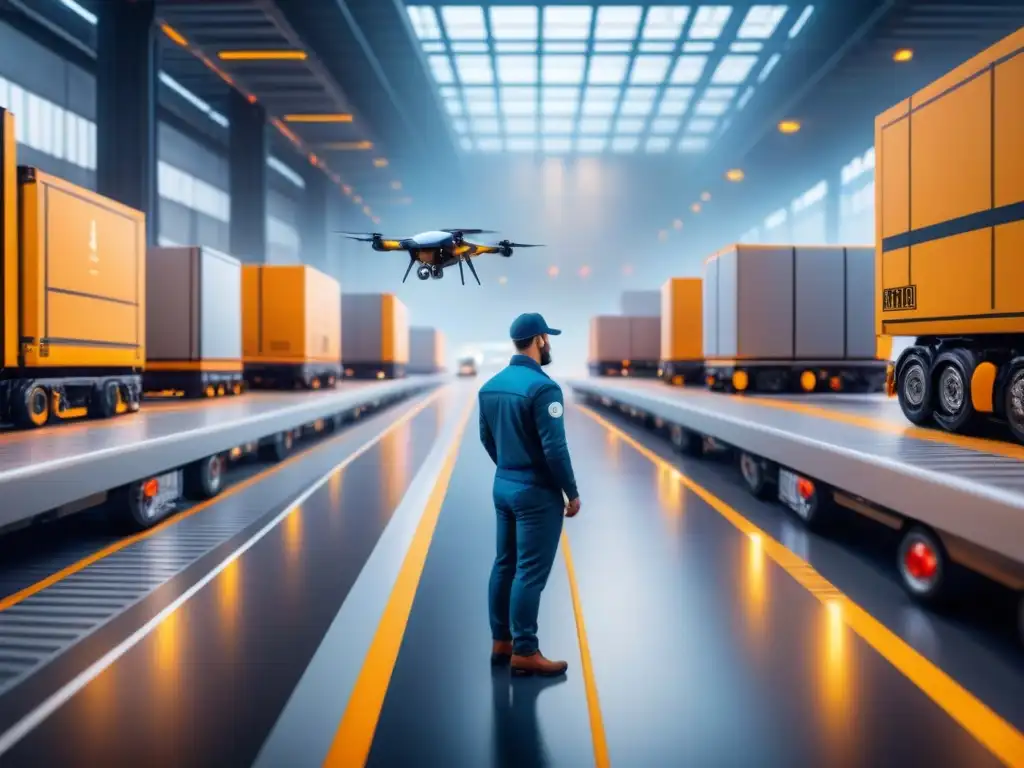 Centro logístico futurista: drones y robots automatizados en acción Un centro logístico futurista vibrante con drones y robots, trabajadores y tecnología avanzada