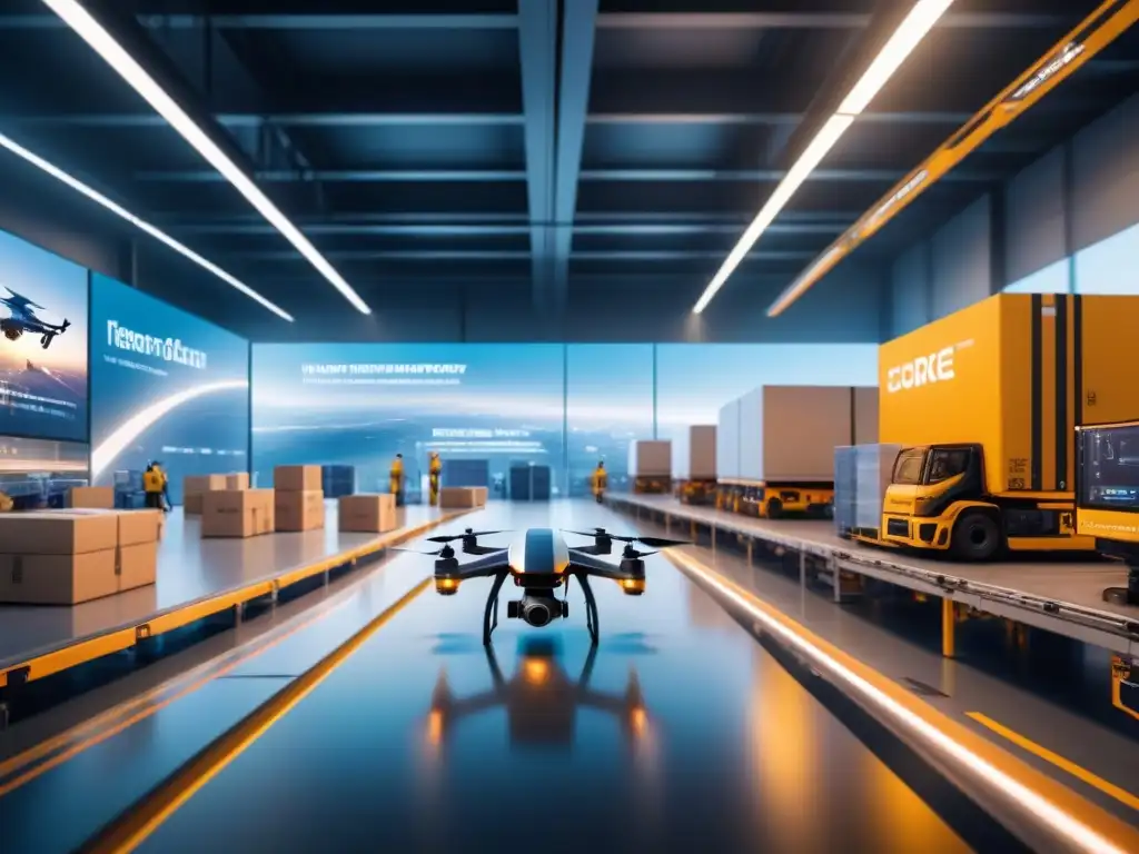 Centro logístico futurista: flujo de bienes en tiempo real Centro logístico futurista con visibilidad cadena suministro tiempo real: drones, robots y vehículos autónomos en acción