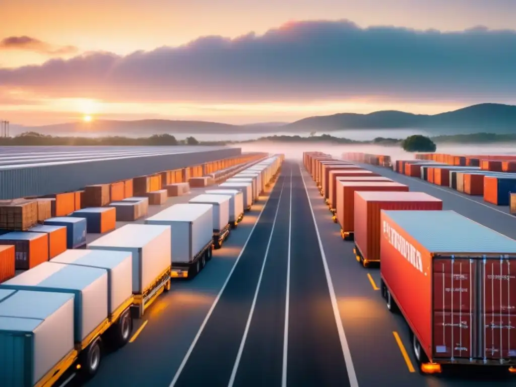 Centro logístico global eficiente al amanecer Un centro logístico global bullicioso al amanecer, con eficiencia en logística innovadora