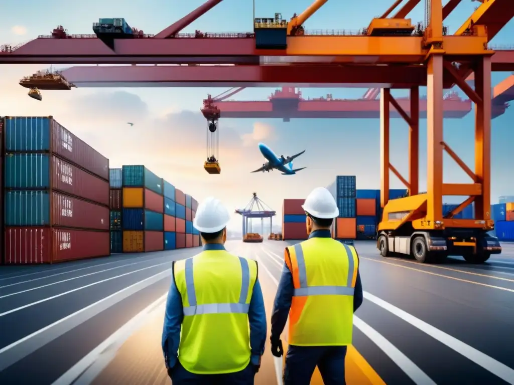 Centro logístico global: eficiencia y sostenibilidad Un centro logístico global bullicioso con contenedores de carga moviéndose en barcos, camiones y trenes