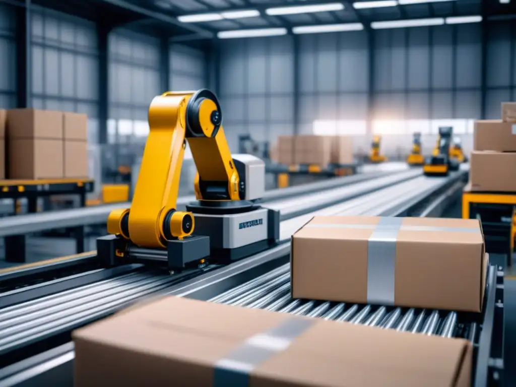 Centro logístico automatizado: eficiencia y precisión Centro logístico con innovaciones en empaque, robots empaquetando productos con precisión y rapidez