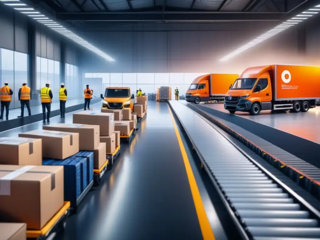 Centro logístico de vanguardia: eficiencia y tecnología en acción Un centro logístico innovador con flota de camiones modernos, operarios cargando paquetes y sala de control digital