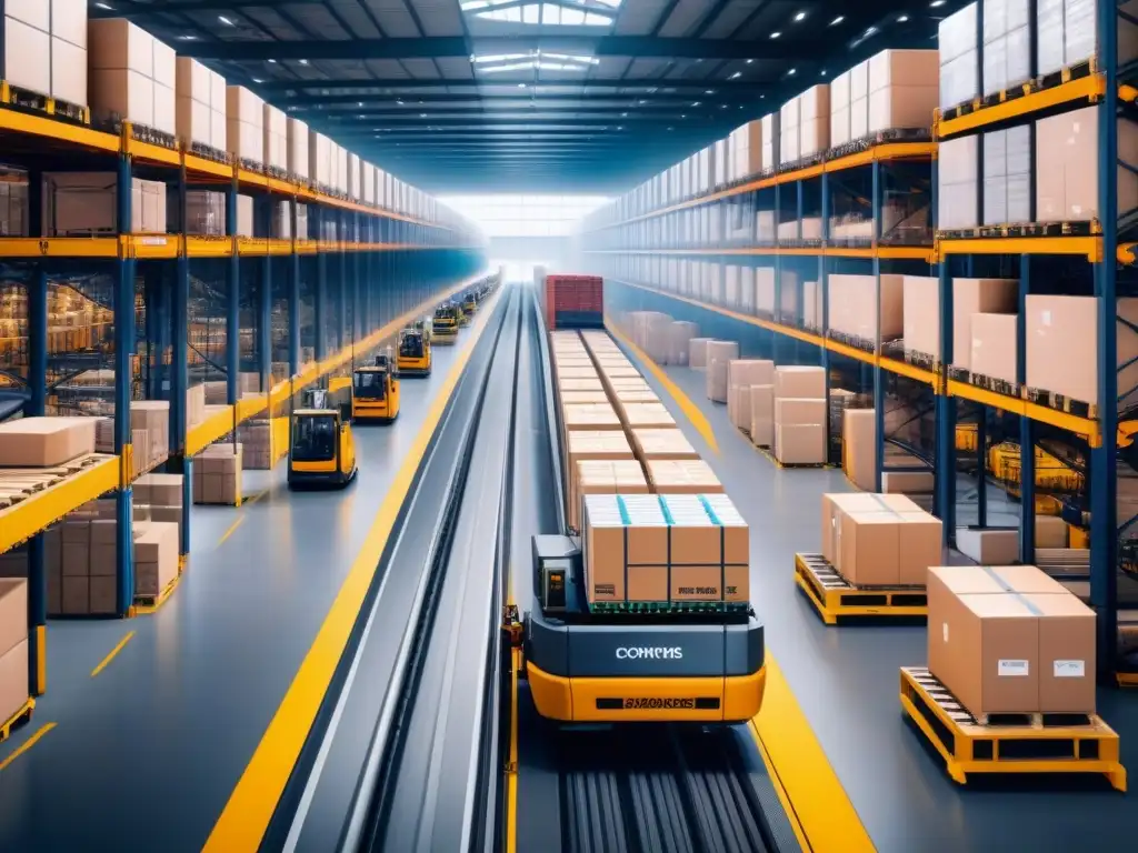 Centro logístico innovador: eficiencia y tecnología en acción Un centro logístico innovador donde trabajadores gestionan inventario y cargan camiones