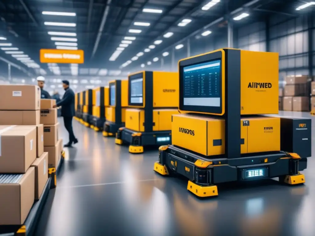 Centro logístico automatizado: robots eficientes y AI en acción Un centro logístico lleno de robots automatizados moviendo paquetes, con pantallas de IA en pronóstico de demanda