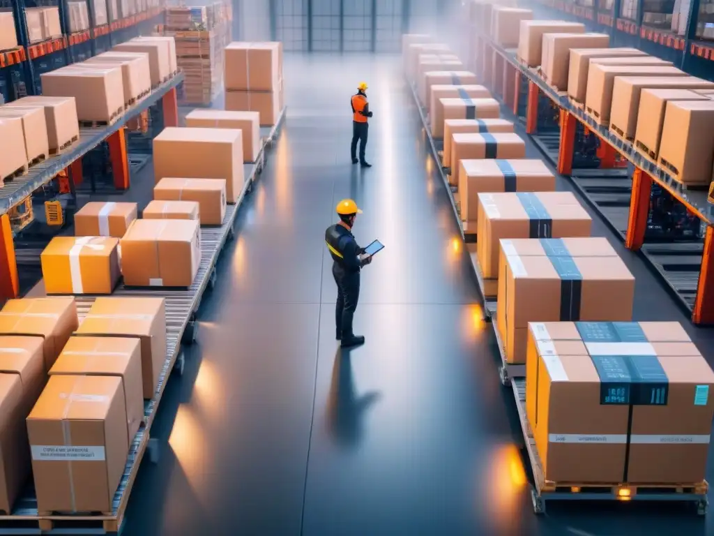 Centro logístico con IA: robots, vehículos autónomos y servidores de datos Centro logístico con IA en logística eficiente y innovadora: robots clasificando paquetes, vehículos autónomos y servidores de datos