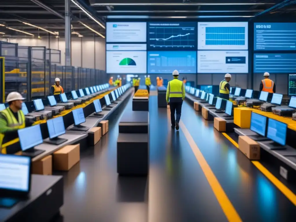 Centro logístico moderno: tecnología y eficiencia Centro logístico moderno con análisis predictivo en logística moderna, tecnología de vanguardia y supervisión humana