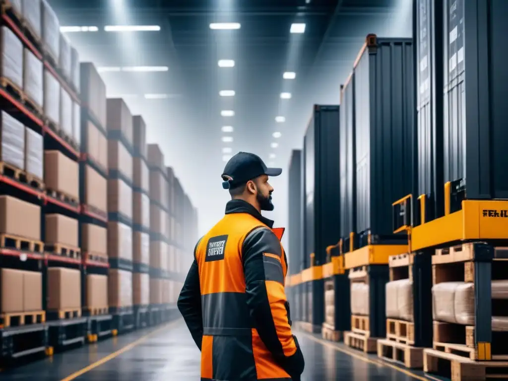 Centro logístico moderno: fusión tecnológica y eficiencia humana Centro logístico moderno con operarios y tecnología integrada, destacando la consultoría transformación digital logística