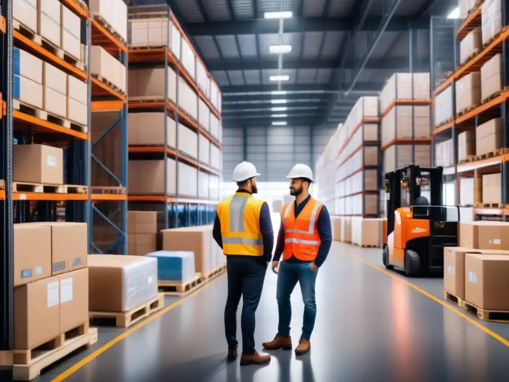 Centro logístico ultradetallado: eficiencia y diversidad en movimiento Un centro logístico moderno con profesionales coordinando envíos y automatización eficiente