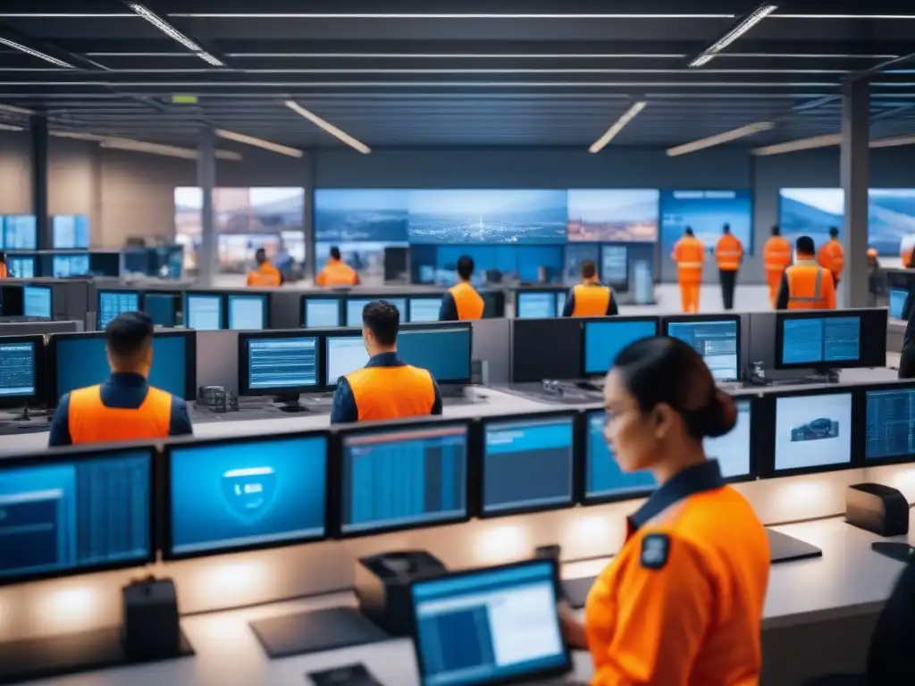 Centro logístico moderno: Tecnología y seguridad en acción Un centro logístico moderno con seguridad cibernética en operaciones innovadoras