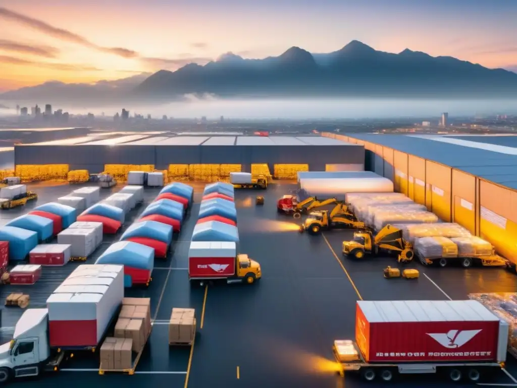Centro logístico de emergencia: caos organizado Centro logístico postdesastre con tecnologías emergentes para logística, caos organizado y eficiente respuesta al amanecer en la ciudad