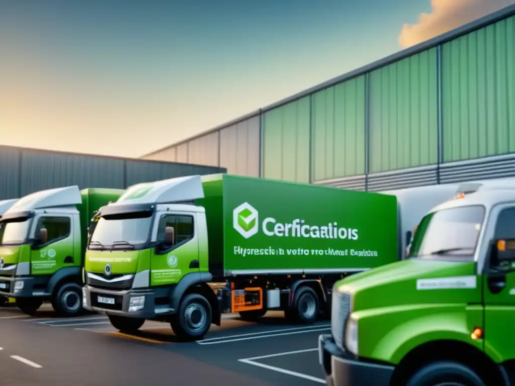 Logística Sostenible: Certificaciones Verdes en Acción Centro logístico sostenible con certificaciones verdes en logística: trabajadores con distintivos, carga ecoamigable y vehículos eléctricos