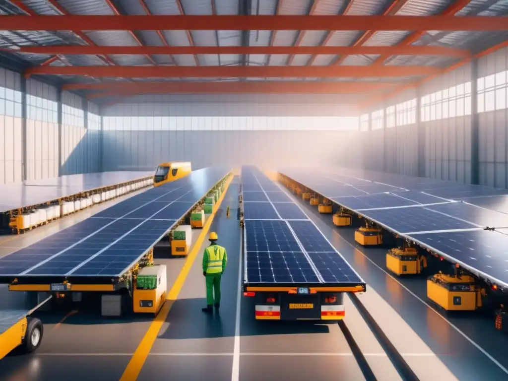 Centro logístico sostenible: eficiencia y competitividad verde Un centro logístico sostenible con certificaciones verdes en logística: paneles solares, camiones eléctricos, trabajadores y pantalla digital