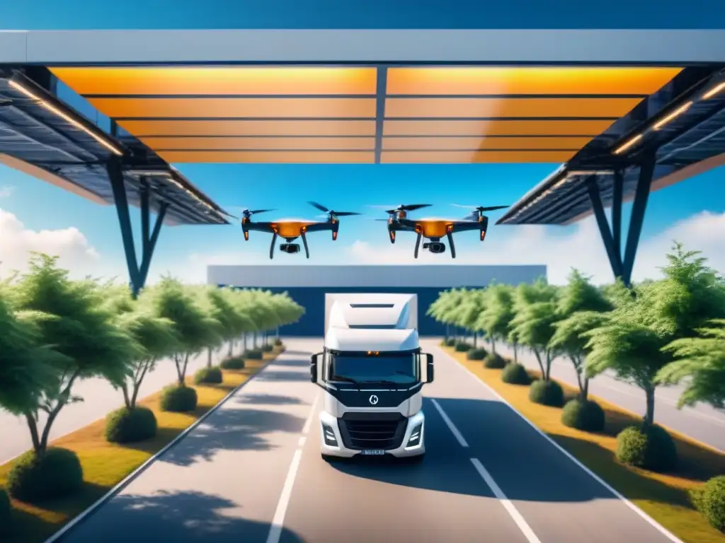 Centro logístico sostenible con camiones autónomos y drones Un centro logístico sostenible con drones supervisando la eficiencia de camiones eléctricos autónomos cargando paquetes
