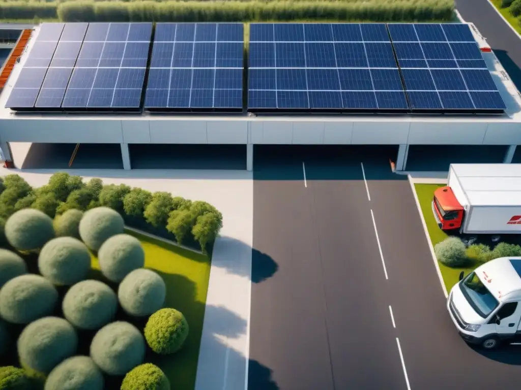 Centro logístico sostenible: energía renovable y eficiencia en acción Un centro logístico sostenible con paneles solares en los techos, camiones eléctricos y trabajadores en uniforme verde clasificando paquetes, reflejando iniciativas corporativas de logística verde
