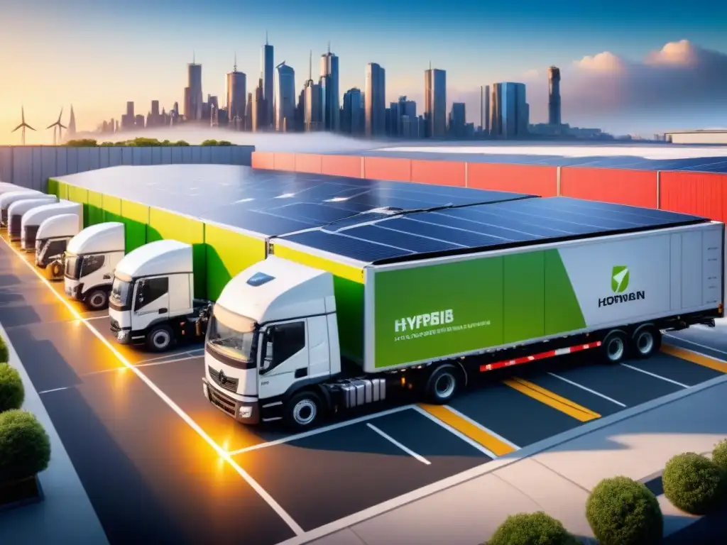 Centro logístico sostenible: modernidad y tecnología ecofriendly Un centro logístico urbano bullicioso con vehículos de reparto eléctricos, muelles ocupados y paneles solares en el techo