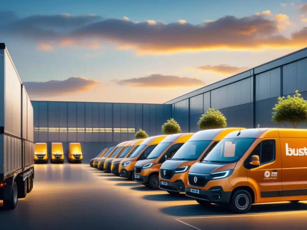 Centro logístico eléctrico: eficiencia y sostenibilidad al amanecer Un centro logístico urbano bullicioso al amanecer, con vehículos eléctricos cargados de paquetes